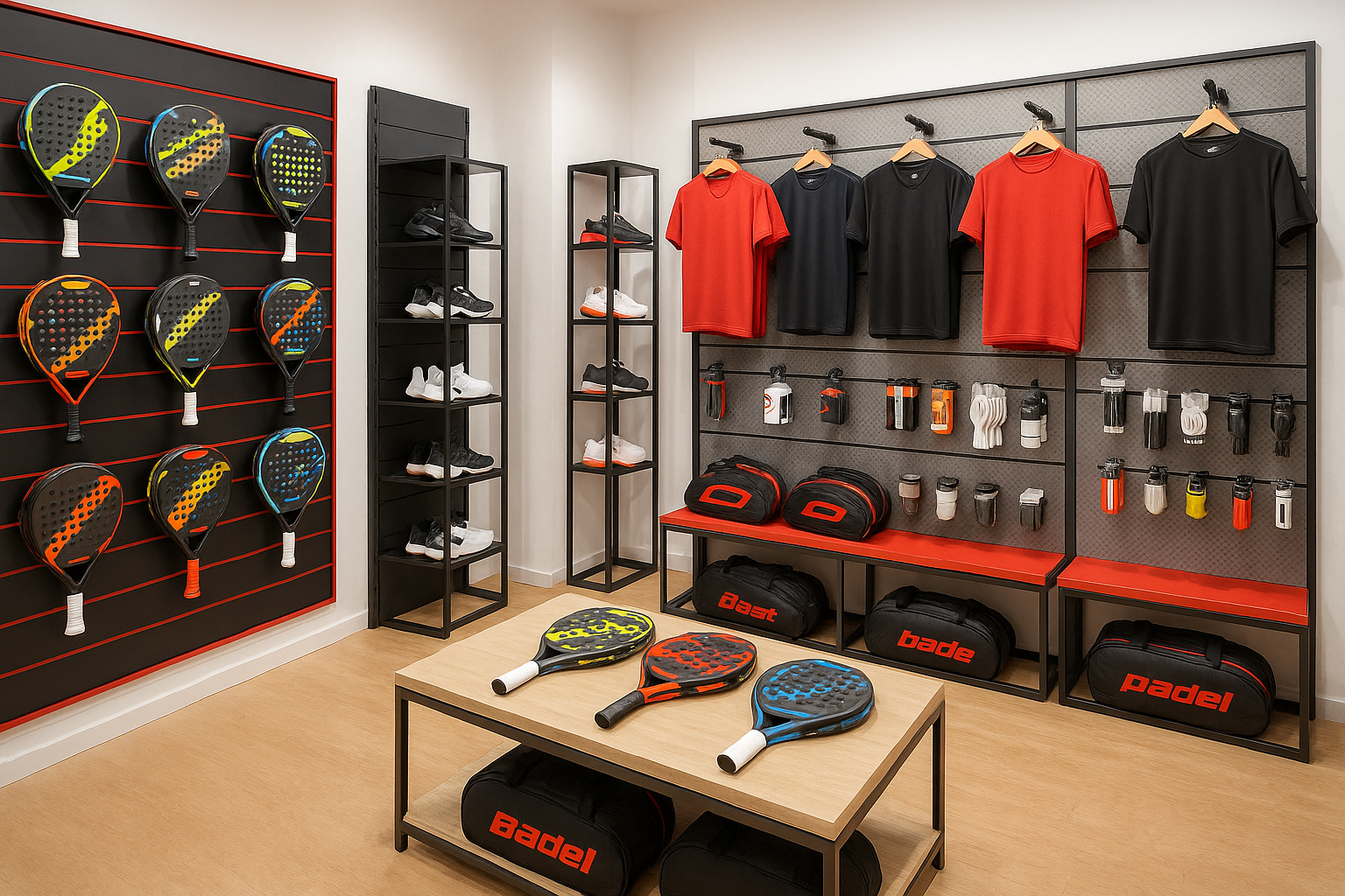 Vista general de una tienda de pádel moderna con pared de palas y zona de exposición